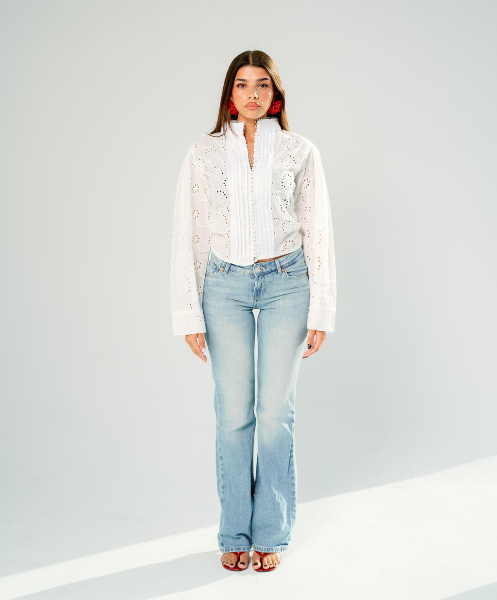White eyelet lace pintuck blouse