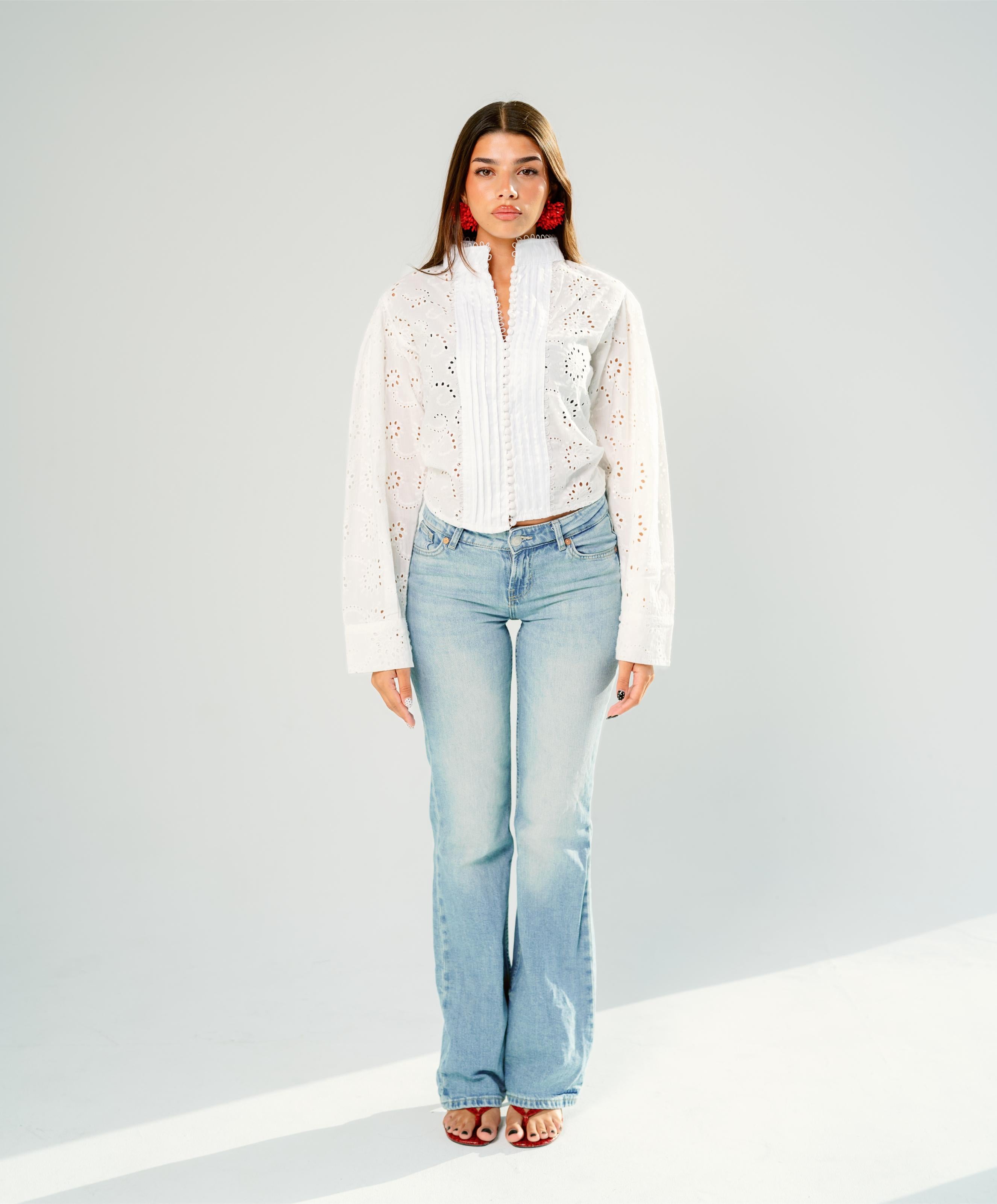 White eyelet lace pintuck blouse