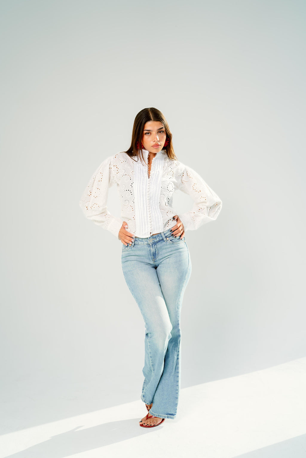 White eyelet lace pintuck blouse