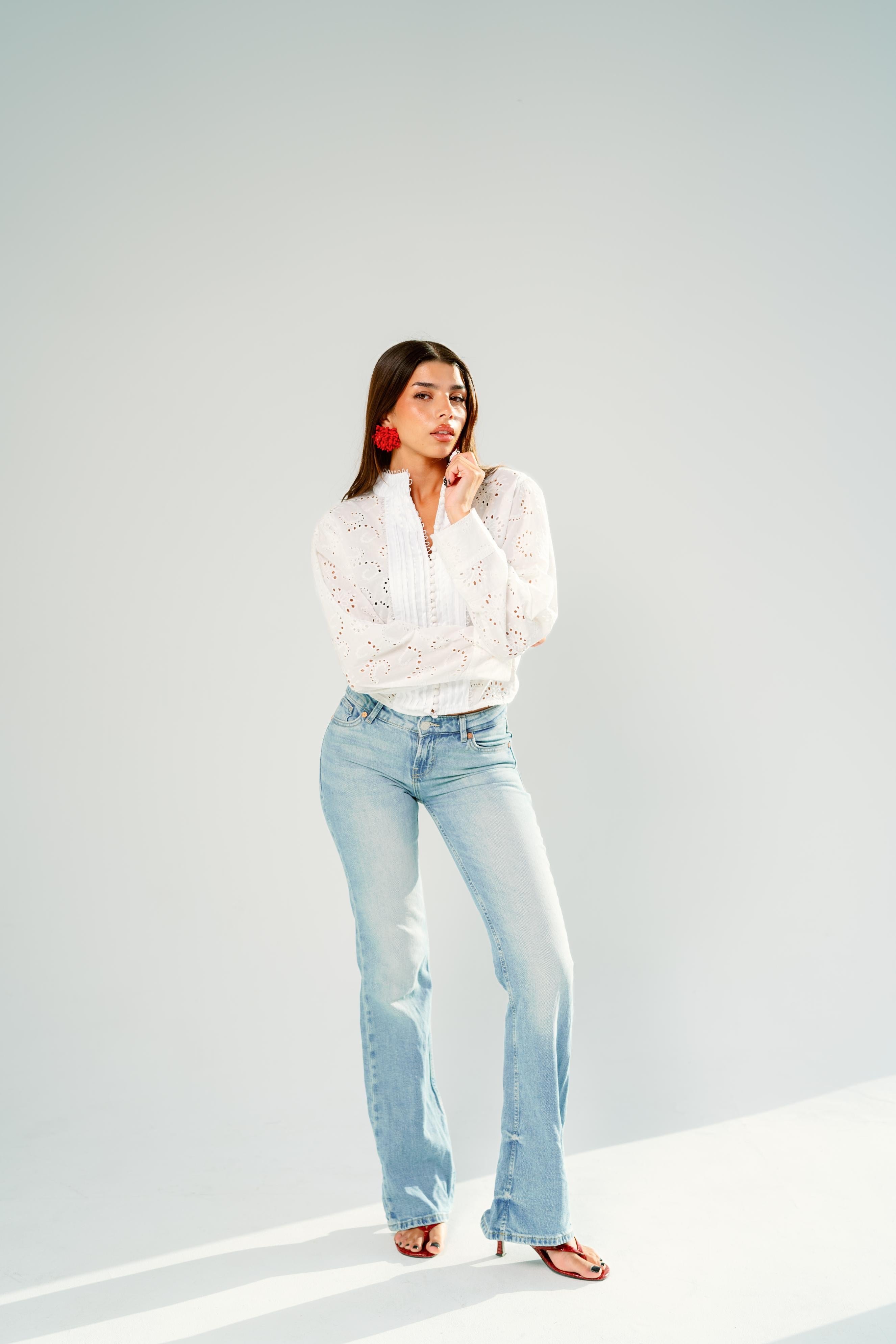 White eyelet lace pintuck blouse