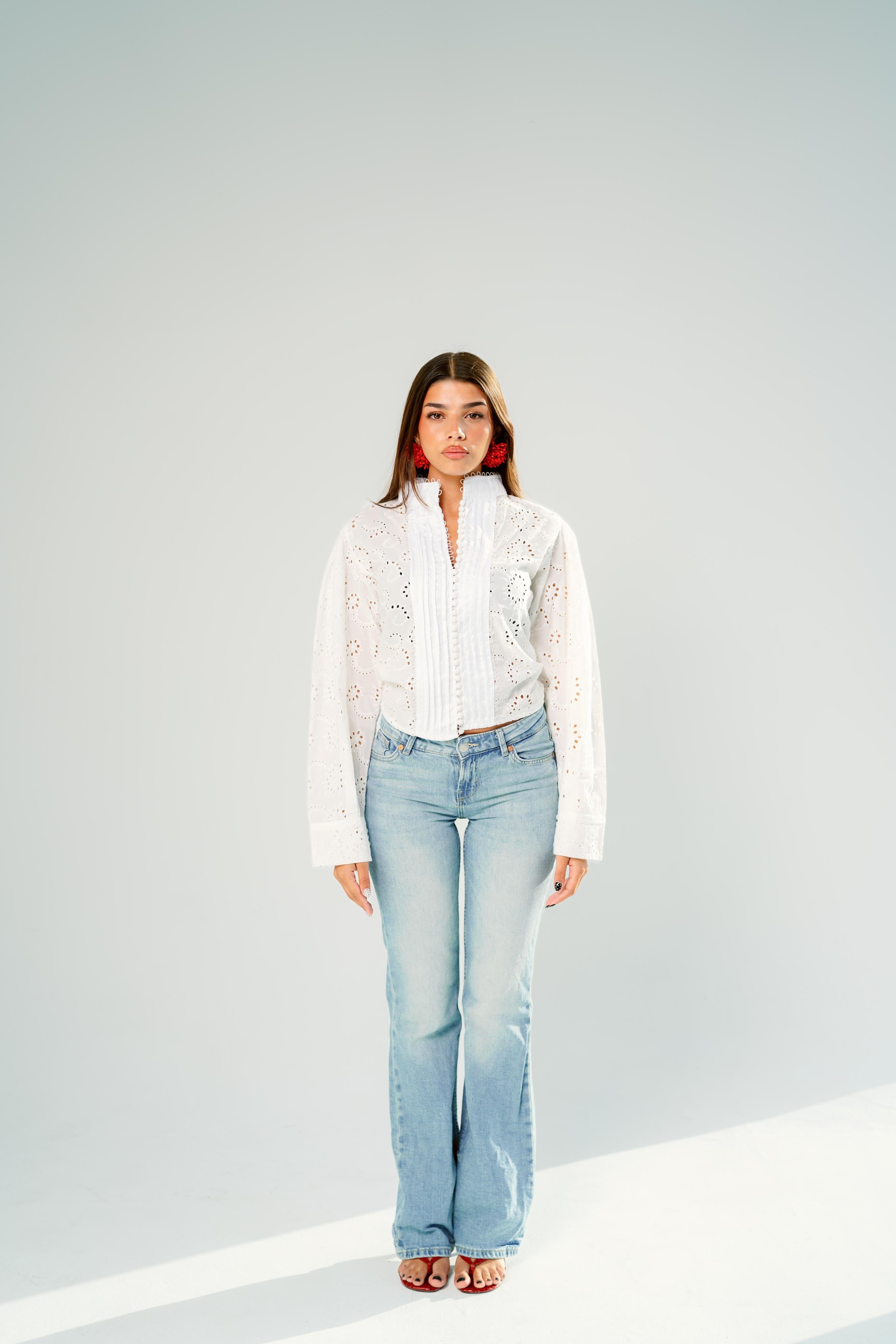 White eyelet lace pintuck blouse