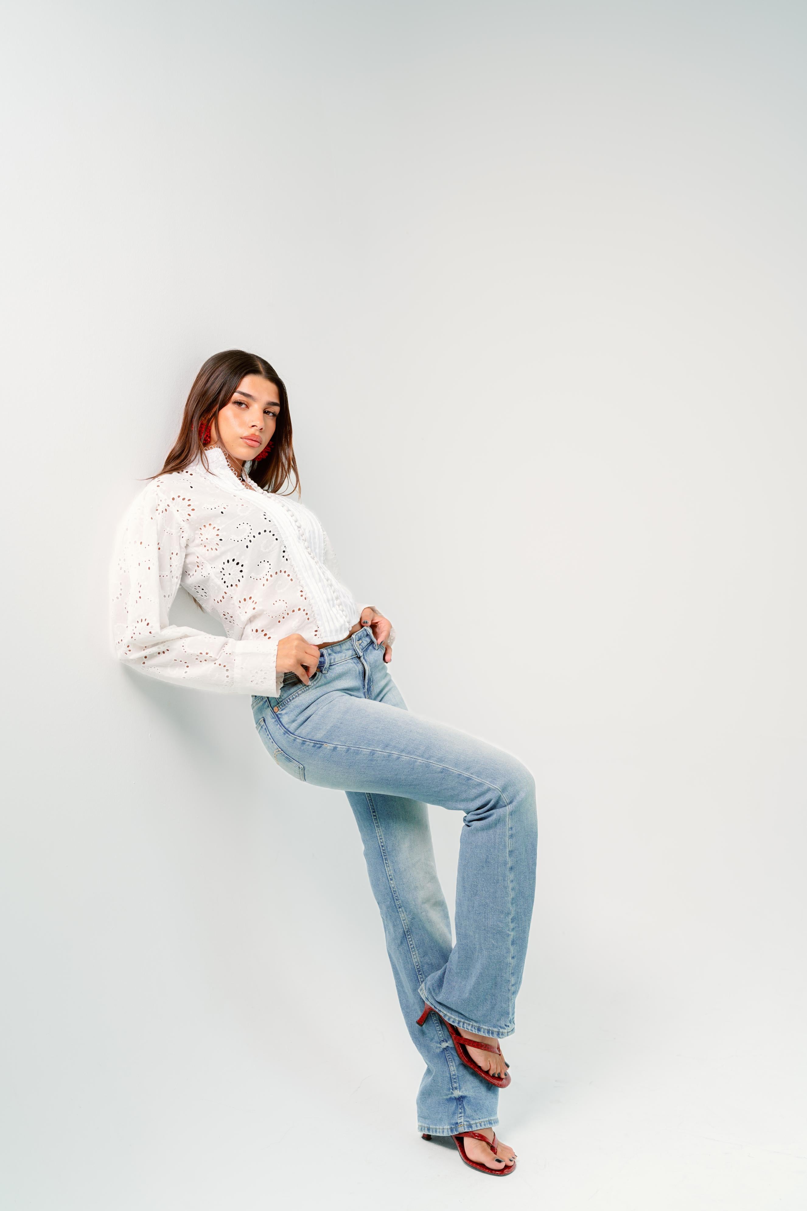 White eyelet lace pintuck blouse