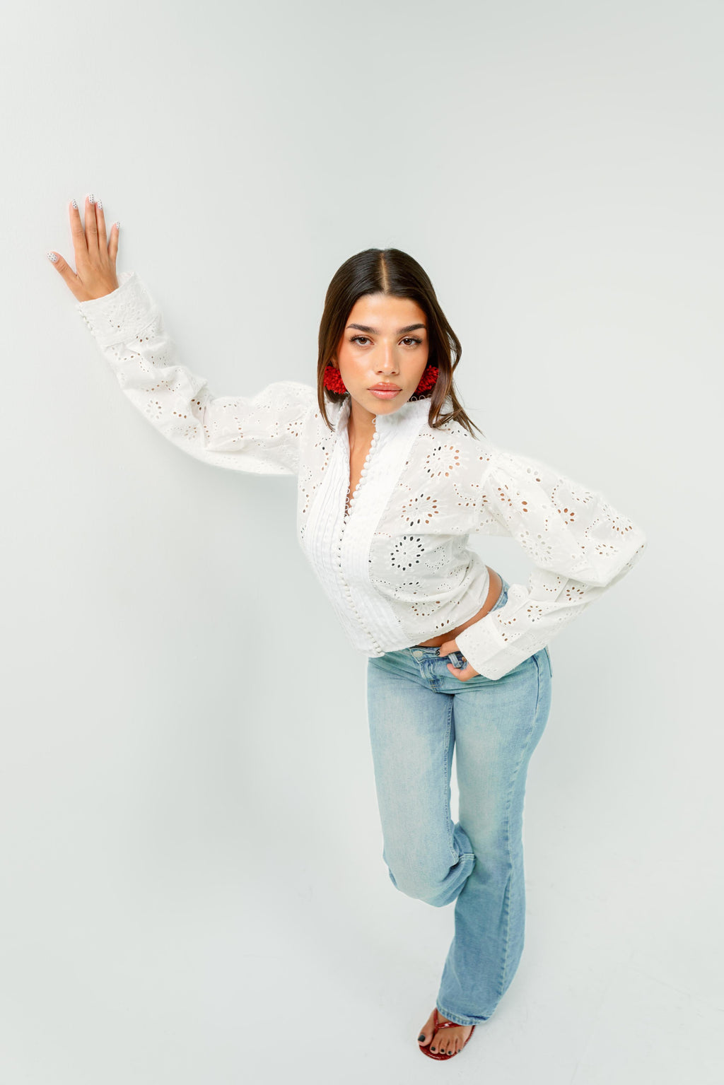White eyelet lace pintuck blouse