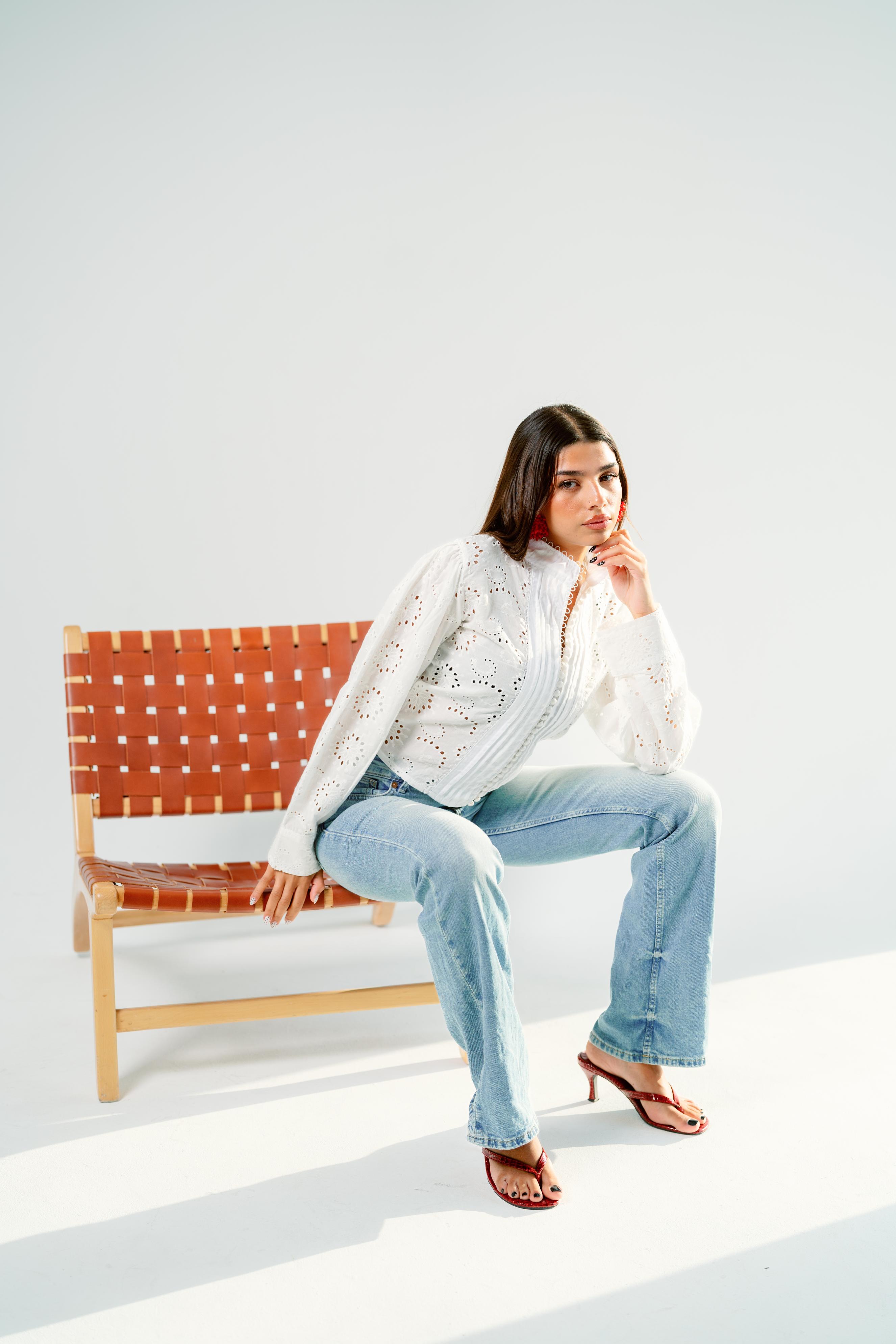 White eyelet lace pintuck blouse