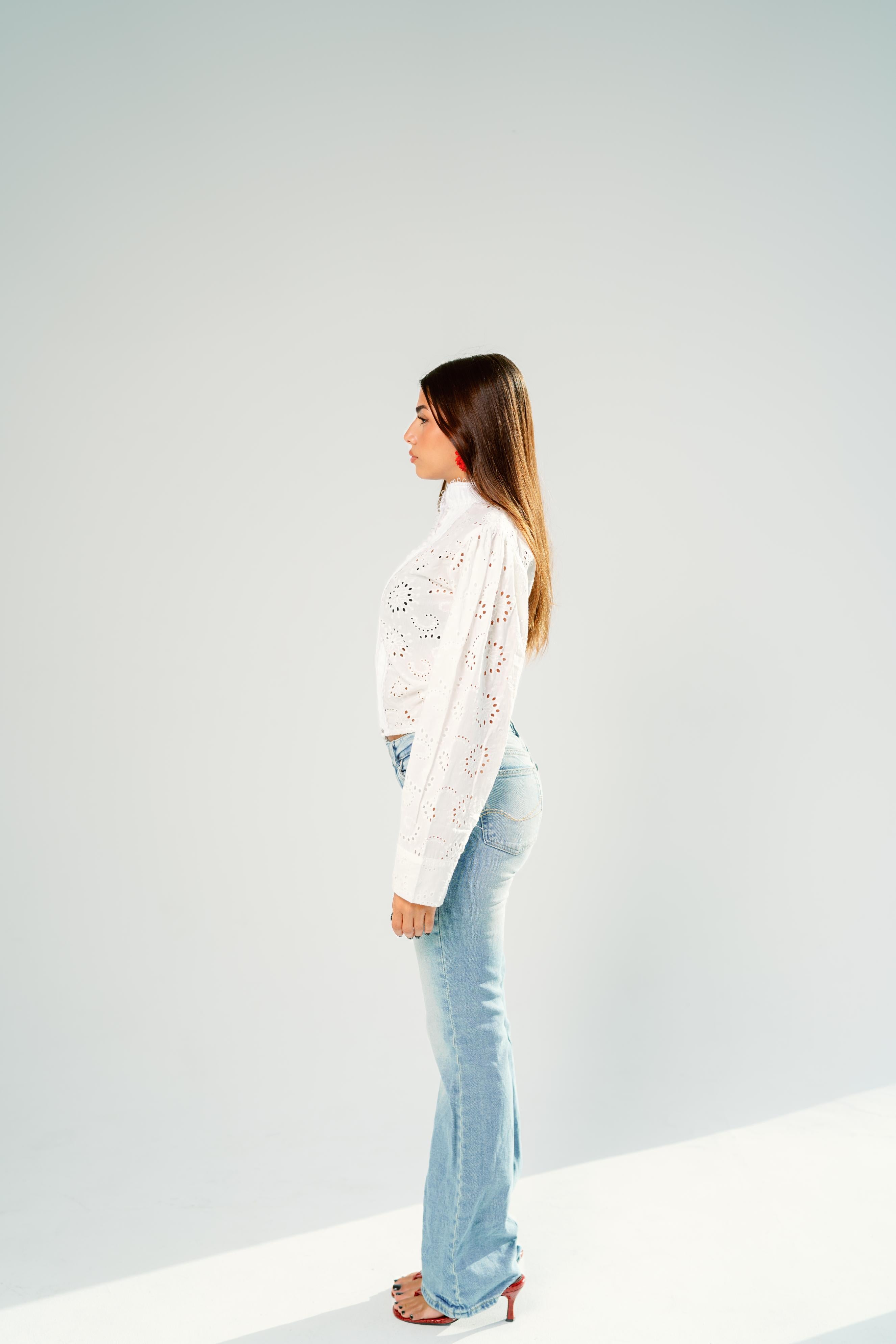 White eyelet lace pintuck blouse