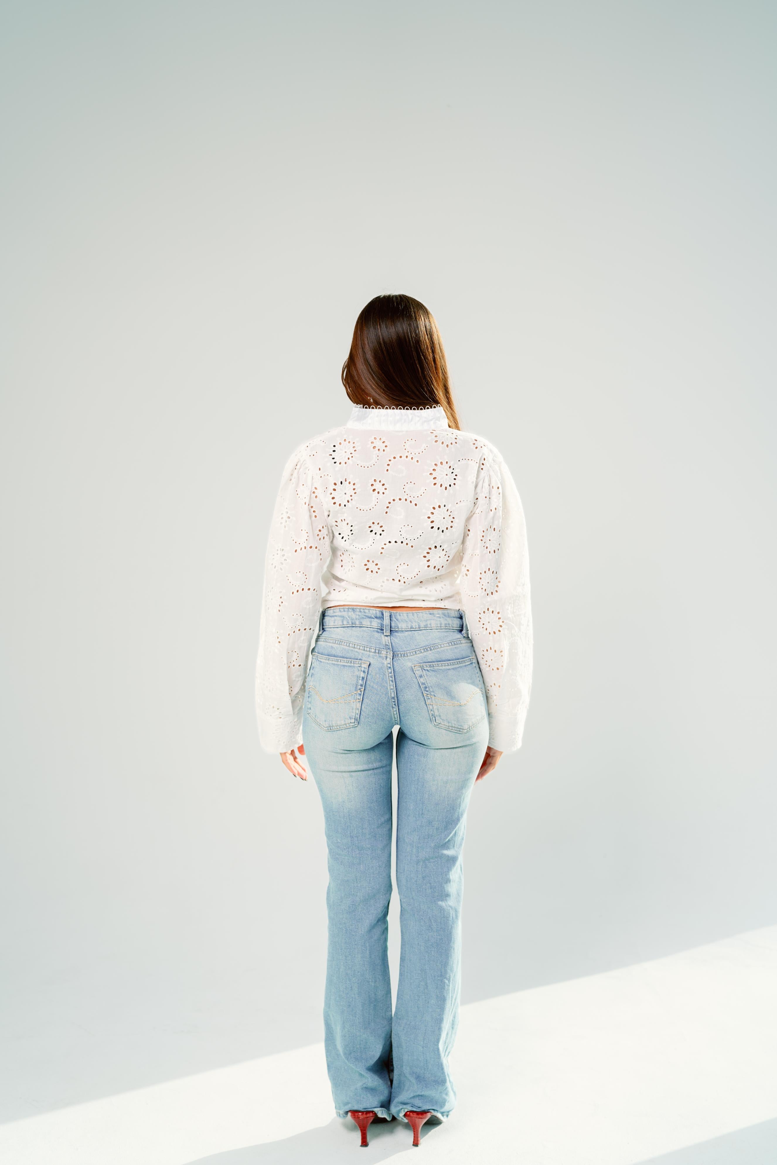 White eyelet lace pintuck blouse