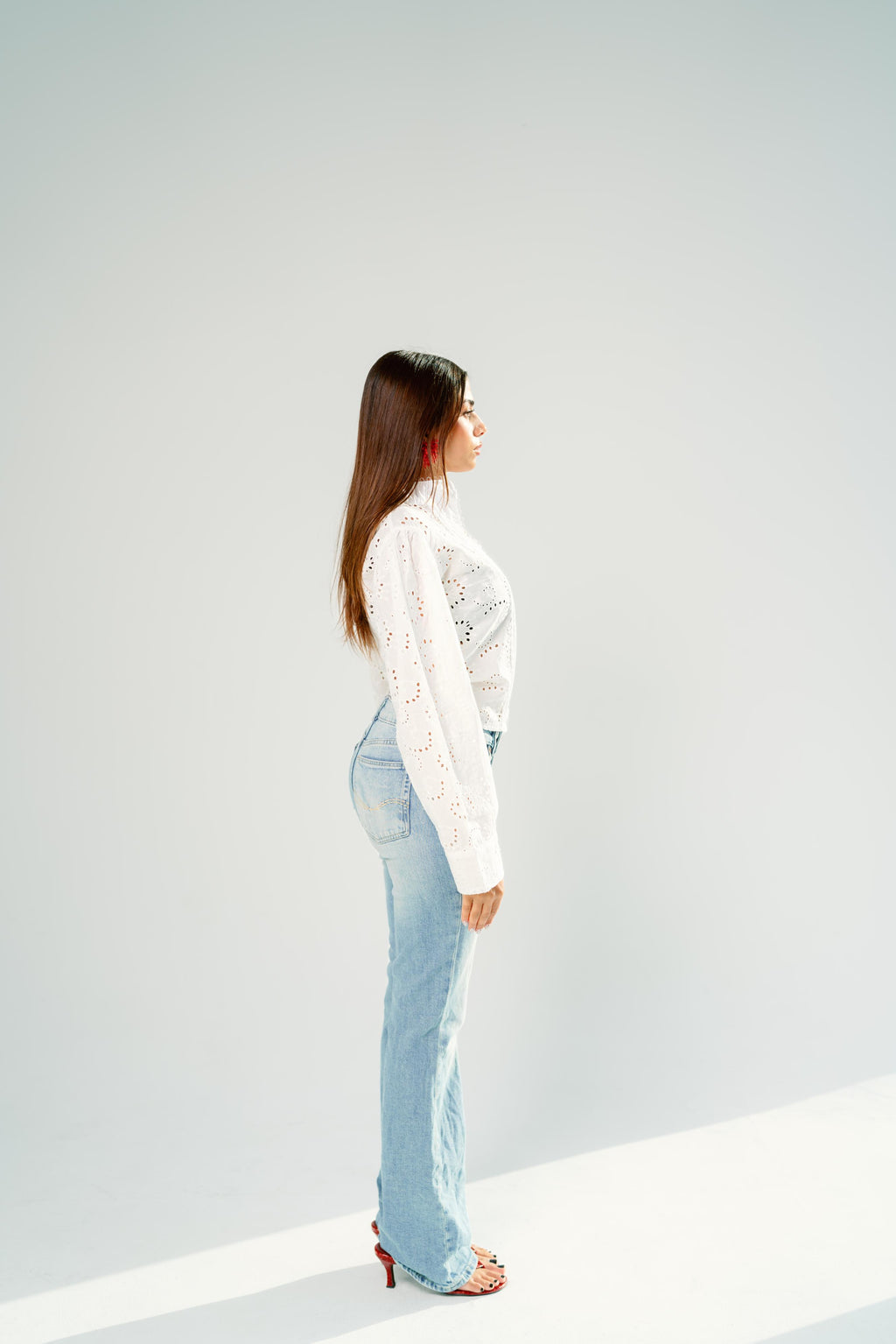 White eyelet lace pintuck blouse